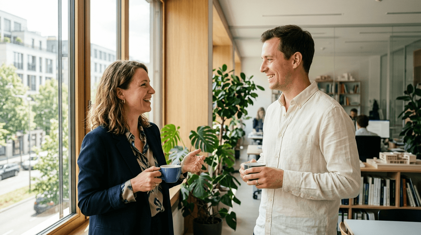 Zwei Abteilungsleitende im Gespräch am Fenster eines hellen Büros, beide mit Kaffeetasse in der Hand