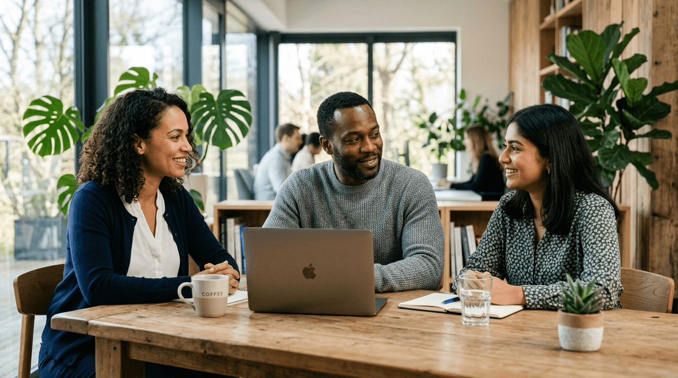 HR-Team bespricht Befragungsergebnisse gemeinsam an einem Bildschirm in einem hellen Büro