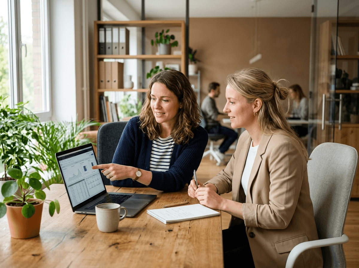 Zwei HR-Kolleginnen analysieren gemeinsam Befragungsergebnisse am Laptop