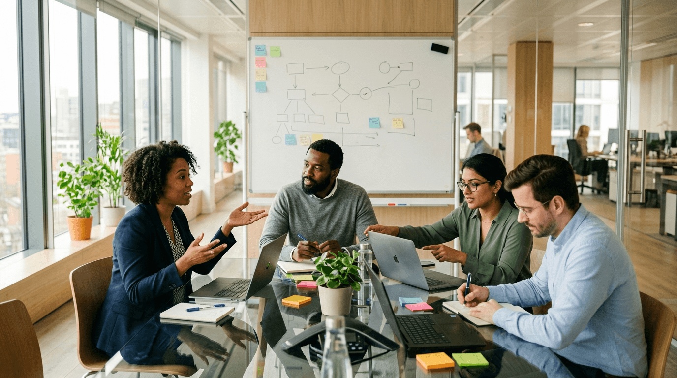 Vier HR- und Führungskräfte an einem Konferenztisch besprechen einen Maßnahmenplan; im Hintergrund ein Whiteboard mit Prozessdiagramm