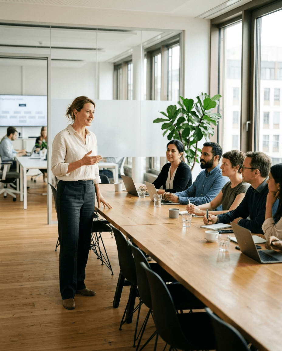 Führungskraft erklärt einem Team in einem hellen Besprechungsraum ein anstehendes Veränderungsprojekt