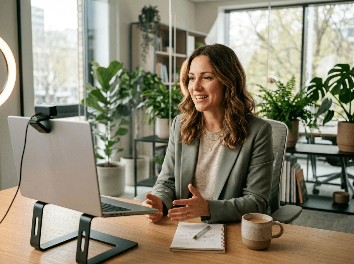 HR-Fachfrau moderiert ein Live-Webinar an ihrem Schreibtisch