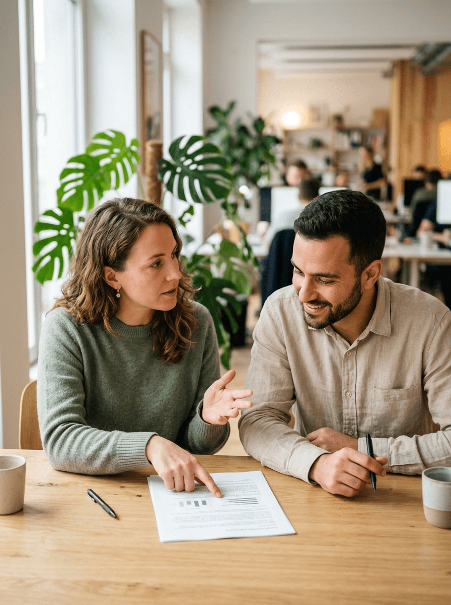 Zwei Kolleginnen und Kollegen besprechen gemeinsam eine Betriebsvereinbarung am Tisch